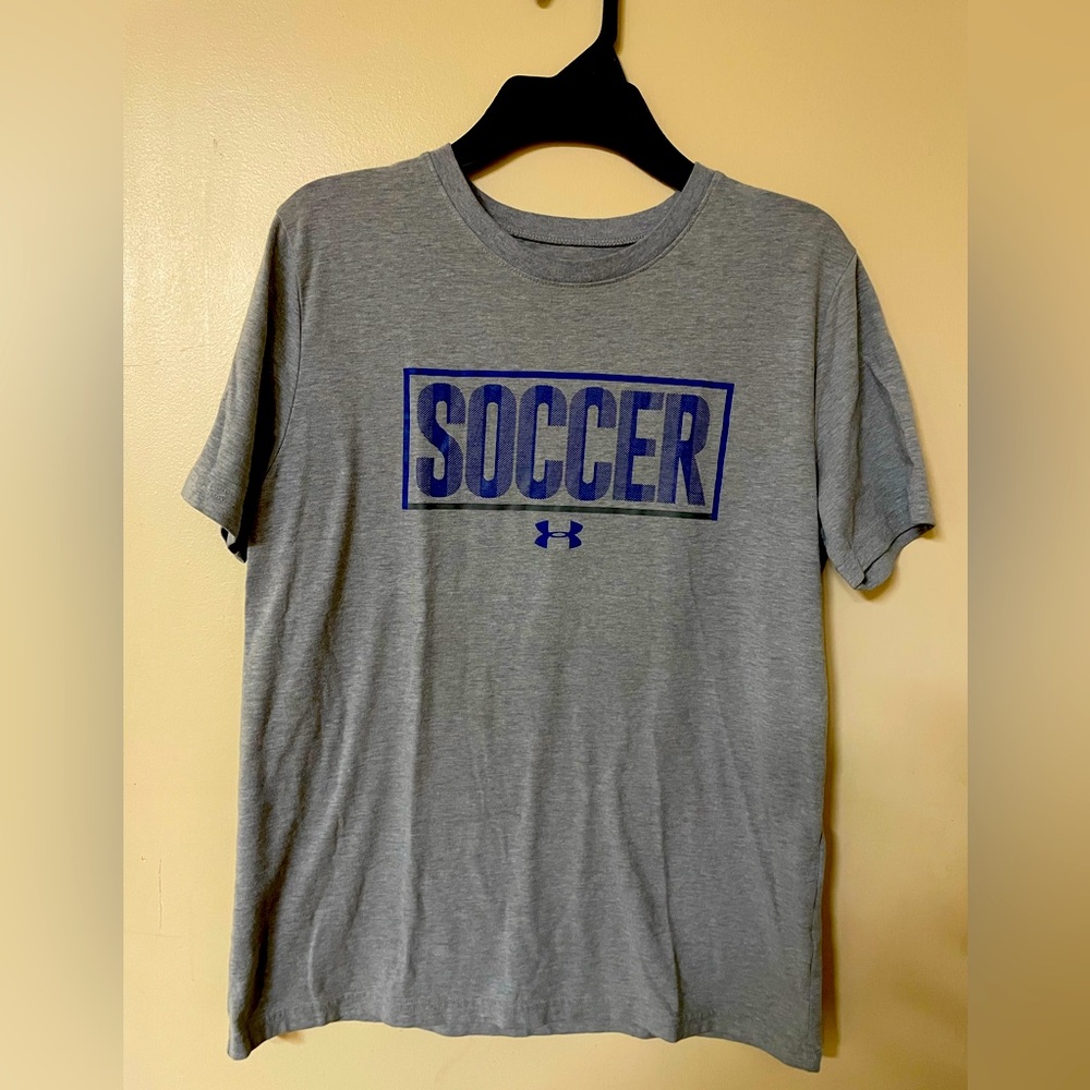 Boys size Large Under Armour Kids Blue and Gray Soccer Tee Short sleeve youth